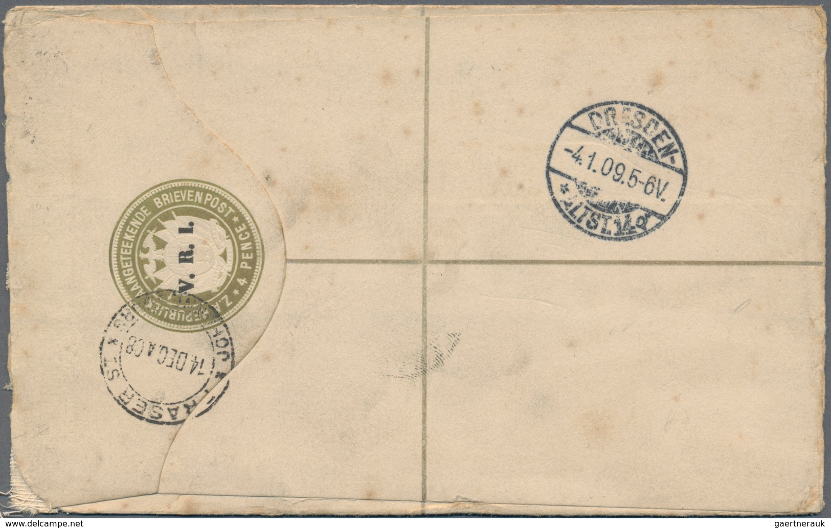 Transvaal: 1908 (14.12.), Registered Letter 4d. Olive-green Optd. 'V.R.I.' Uprated With Five Differe - Transvaal (1870-1909)