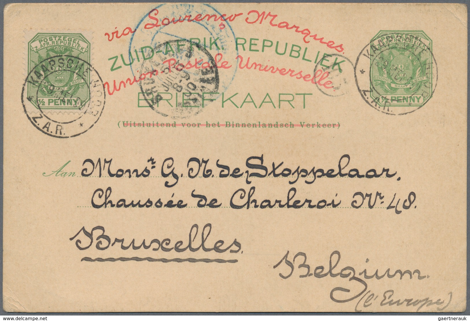 Transvaal - Ganzsachen: 1899 (29.5.), Stat. Postcard 'Coat Of Arms' ½d. Green Uprated With ½d. Stamp - Transvaal (1870-1909)