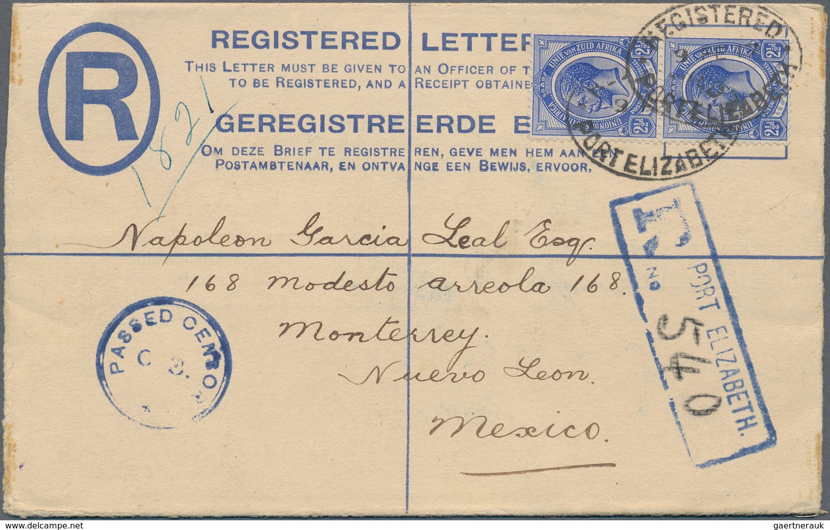Südafrika: 1917 (9.2.), Registered Letter KGV 4d. Blue Uprated With Vert. Pair KGV 2½d. Ultramarine - Sonstige & Ohne Zuordnung