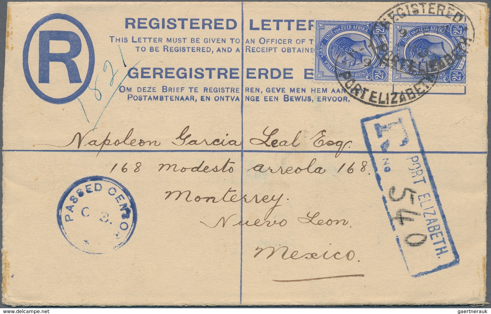 Südafrika: 1917 (9.2.), Registered Letter KGV 4d. Blue Uprated With Vert. Pair KGV 2½d. Ultramarine - Other & Unclassified