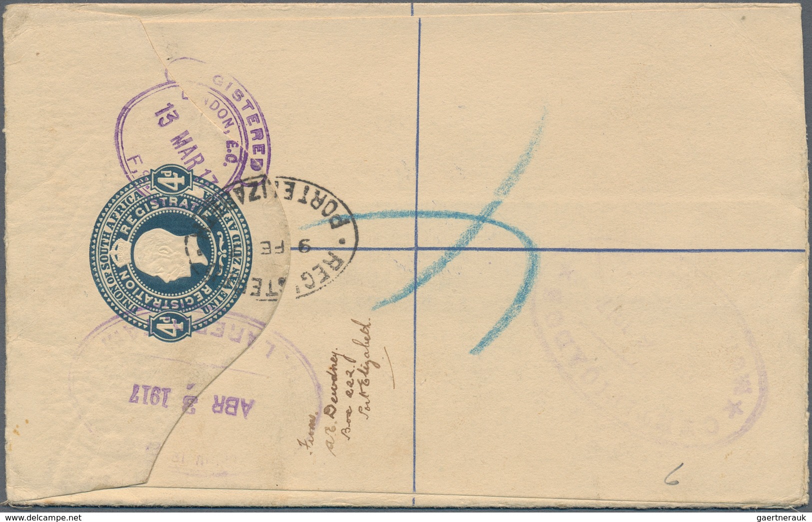 Südafrika: 1917 (9.2.), Registered Letter KGV 4d. Blue Uprated With Vert. Pair KGV 2½d. Ultramarine - Other & Unclassified