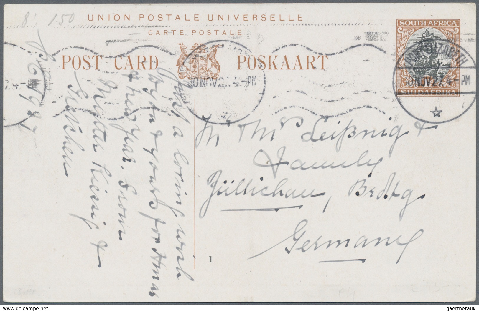 Südafrika - Ganzsachen: 1927, Seven Pictorial Stat. Postcards Ship-type 1½d. Brown/black With Differ - Other & Unclassified