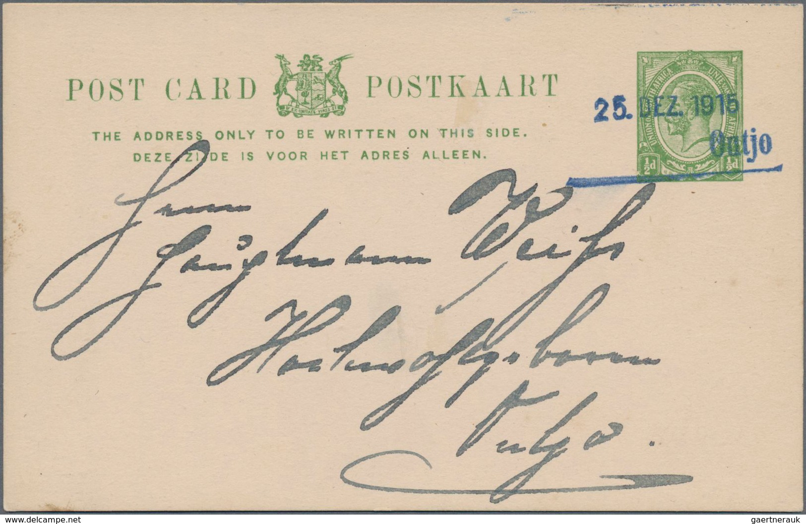 Südwestafrika: 1915 Postal-stationery Postcard 1/2 D. Green On White Paper Local Used In Outjo With - Südwestafrika (1923-1990)