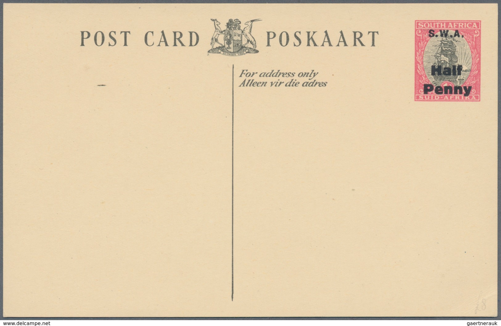 Südwestafrika: 1934, Unissued South African Stat. Postcard Ship-type 1d. Red/grey With Opt. 'S.W.A.' - Zuidwest-Afrika (1923-1990)