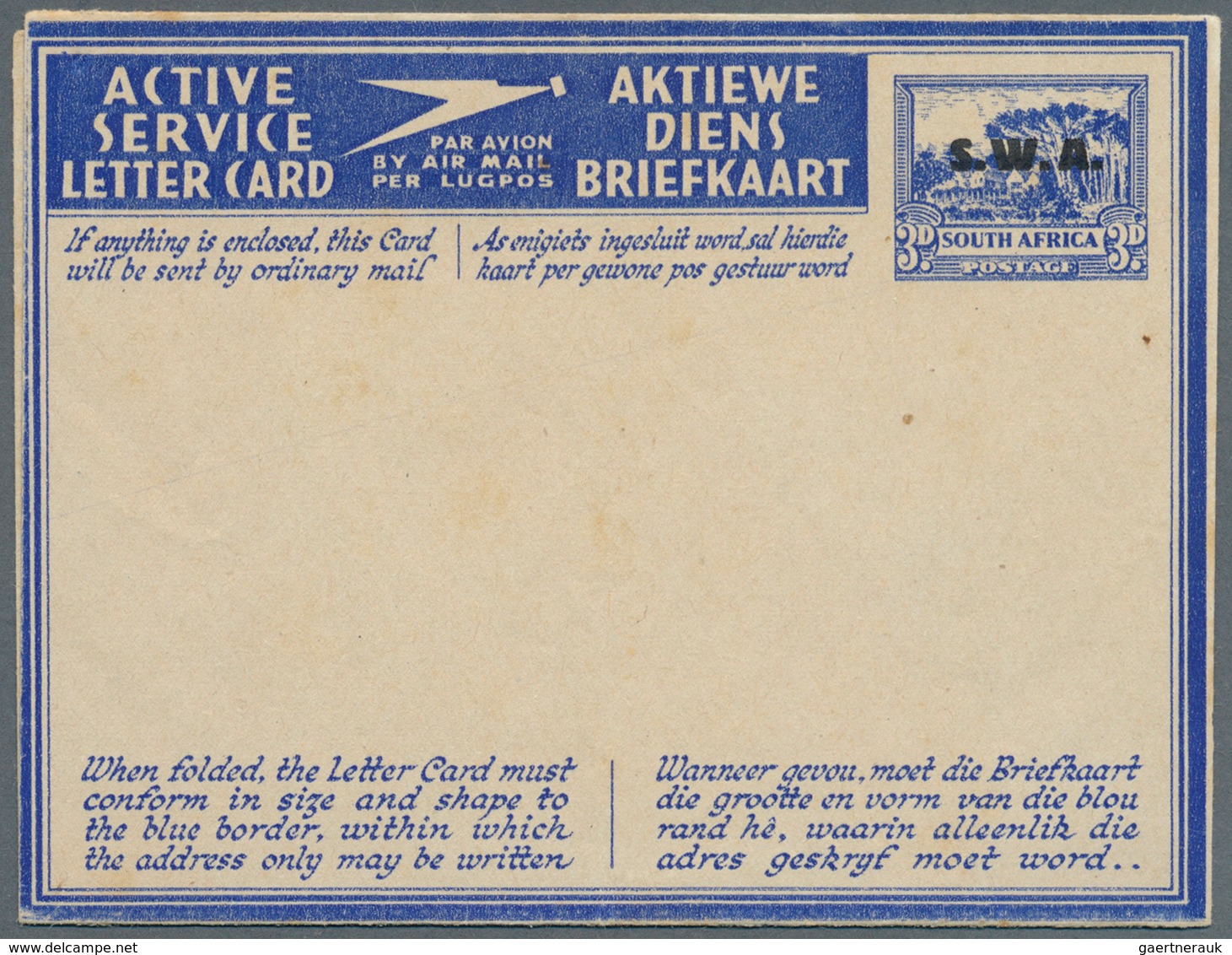 Südwestafrika: 1944, South Africa ACTIVE SERVICE LETTER CARD 3d Blue With Unusual Black Opt. 'S.W.A. - South West Africa (1923-1990)