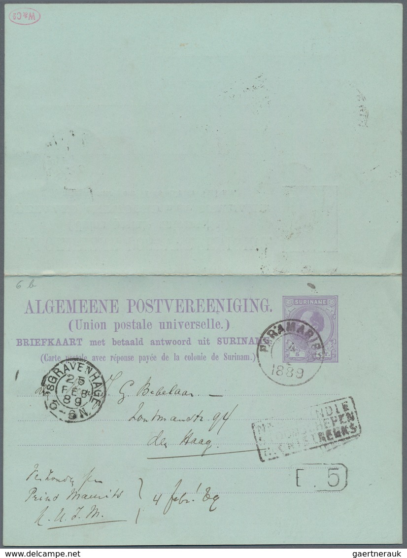 Surinam: 1889, Stationery Double-card 5 Ct. "UPU" Violett Sent From "PARAMARIBO 4 2 1889" To Den Haa - Surinam ... - 1975