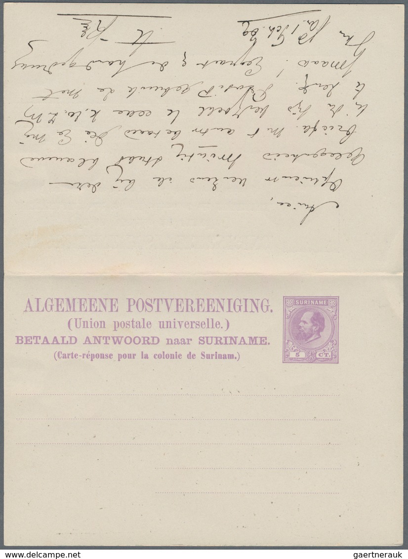 Surinam: 1889, Stationery Double-card 5 Ct. "UPU" Violett Sent From "PARAMARIBO 4 2 1889" To Den Haa - Suriname ... - 1975