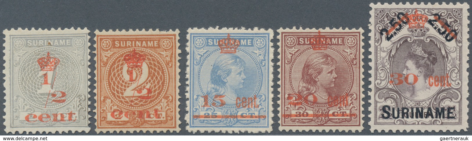 Surinam: 1911, Provisional Definitives Complete Surcharged Set Of Five, Unused Without Gum And A Sca - Suriname ... - 1975