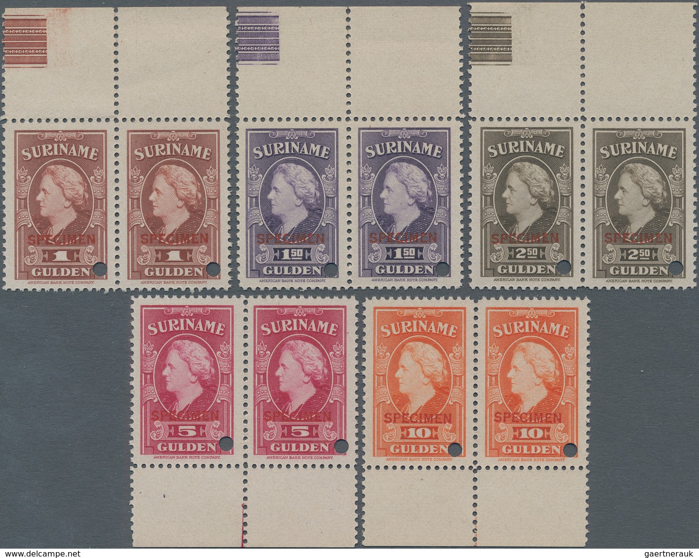 Surinam: 1945, Definitives Wilhelmina, 1gld.-10gld., Five Values With Specimen Overprint And Punchin - Surinam ... - 1975