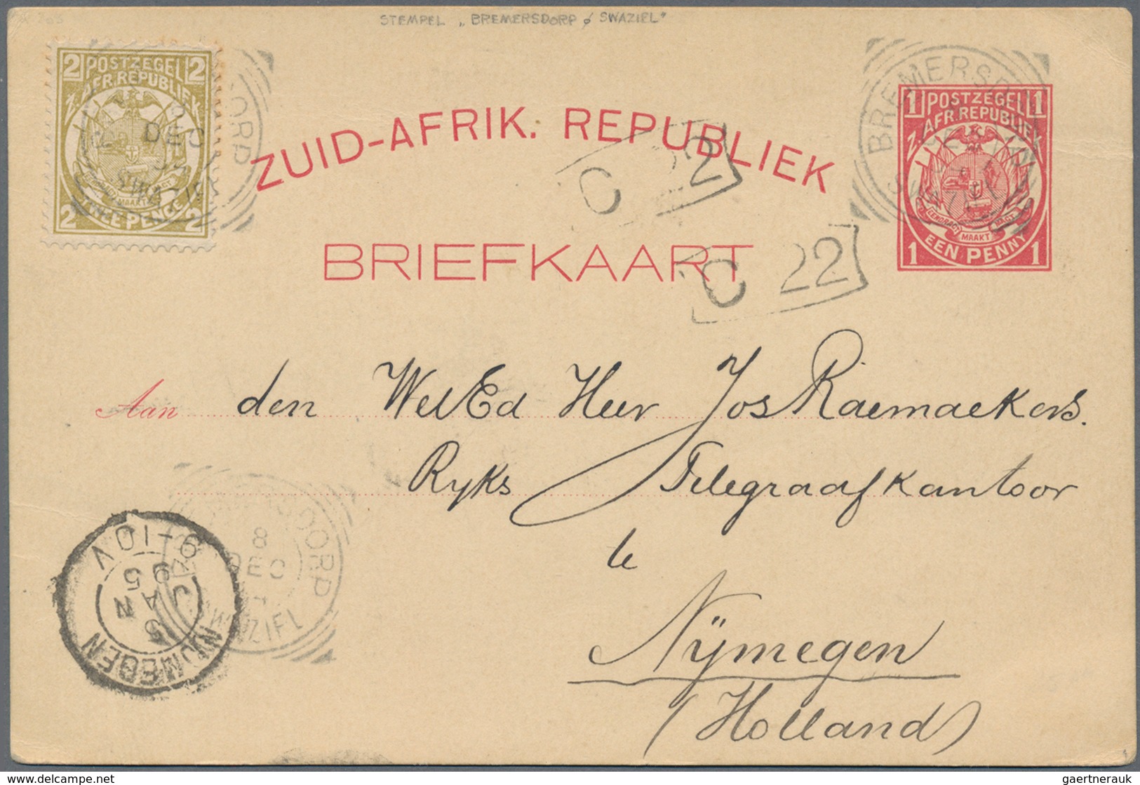 Swaziland: 1894 (9.12.), Transvaal Stat. Postcard 1d. Red Uprated With 2d. Olive-bistre Commercially - Swaziland (...-1967)