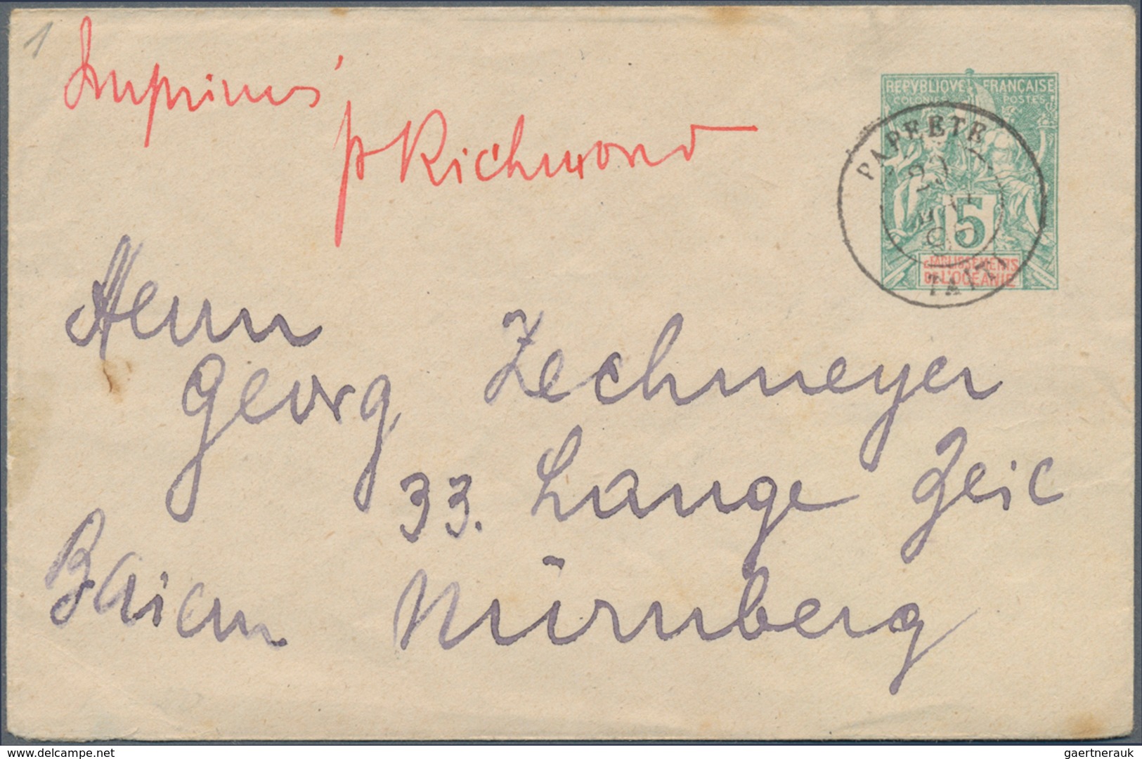 Tahiti: 1896, Stationery Envelope 5 C. Green/red Sent From "PAPEETE 29 MAI 96" Via Richmond, New Zea - Tahiti