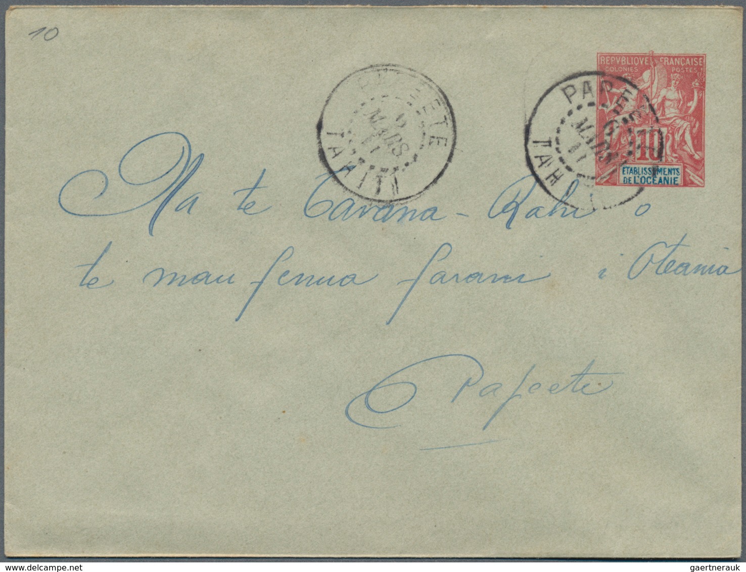 Tahiti: 1911, Stationery Envelope 10 C. Blue/red Locally Comercial Usage In "PAPEETE 6 MARS 11" - Tahiti