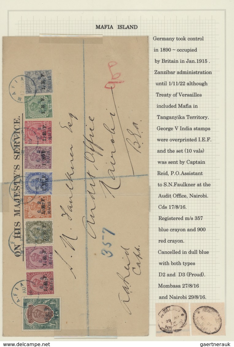Tanganjika: 1915, MAFIA ISLAND, 3 Pies To 1 Rupie India I.E.F. Stamps With Additional Ovp 'G.R. POST - Tanganyika (...-1932)