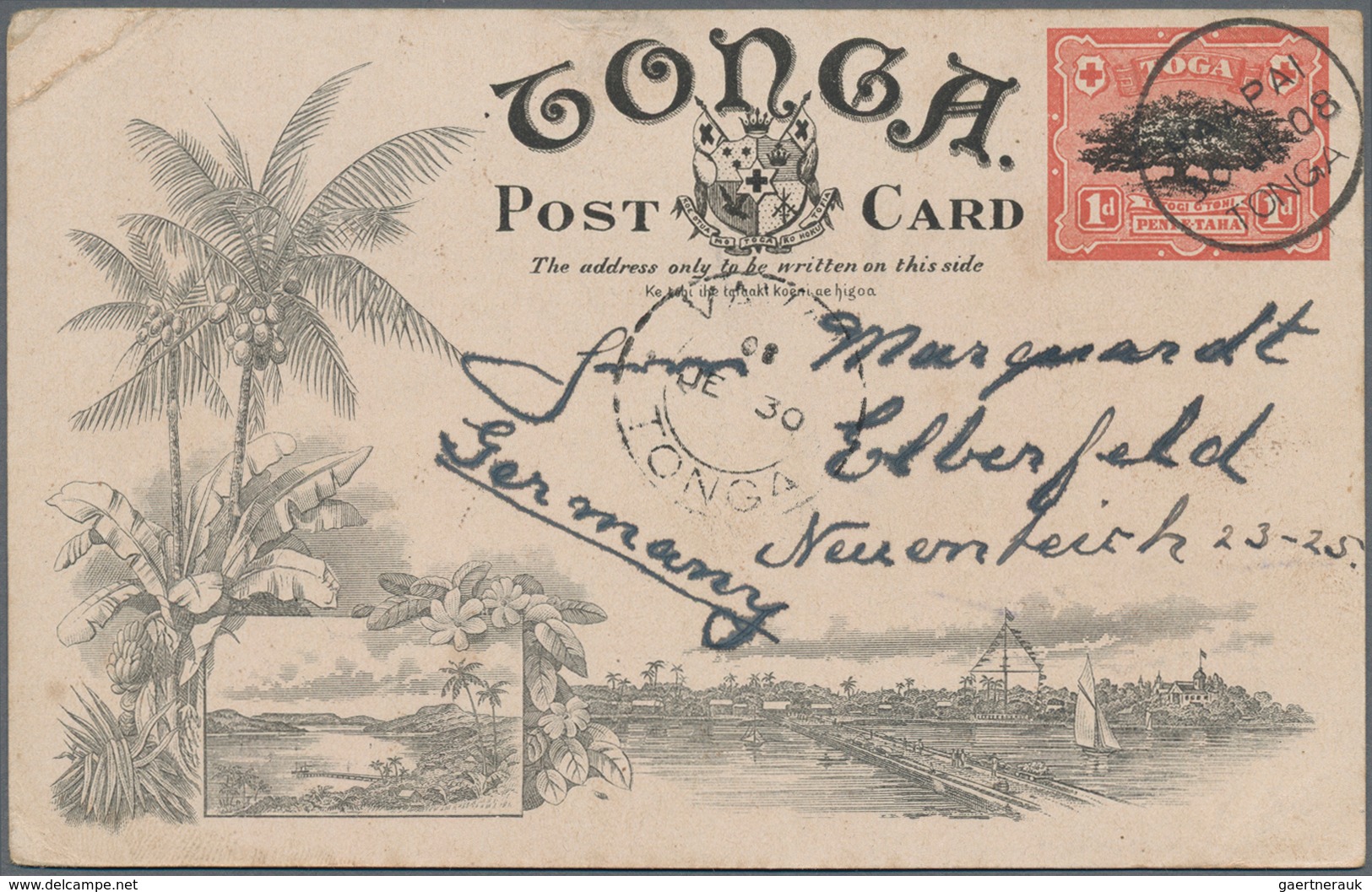 Tonga: 1908 (30.6.), Native Tree 1d Red/black Pictorial Stat. Postcard Used From HA'APAI To Germany - Tonga (...-1970)