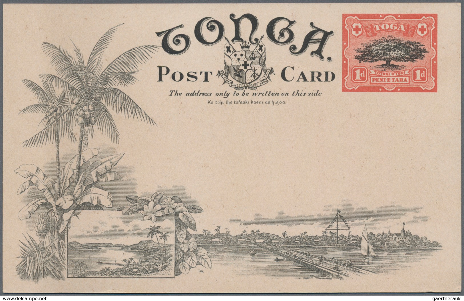 Tonga: 1908 (30.6.), Native Tree 1d Red/black Pictorial Stat. Postcard Used From HA'APAI To Germany - Tonga (...-1970)