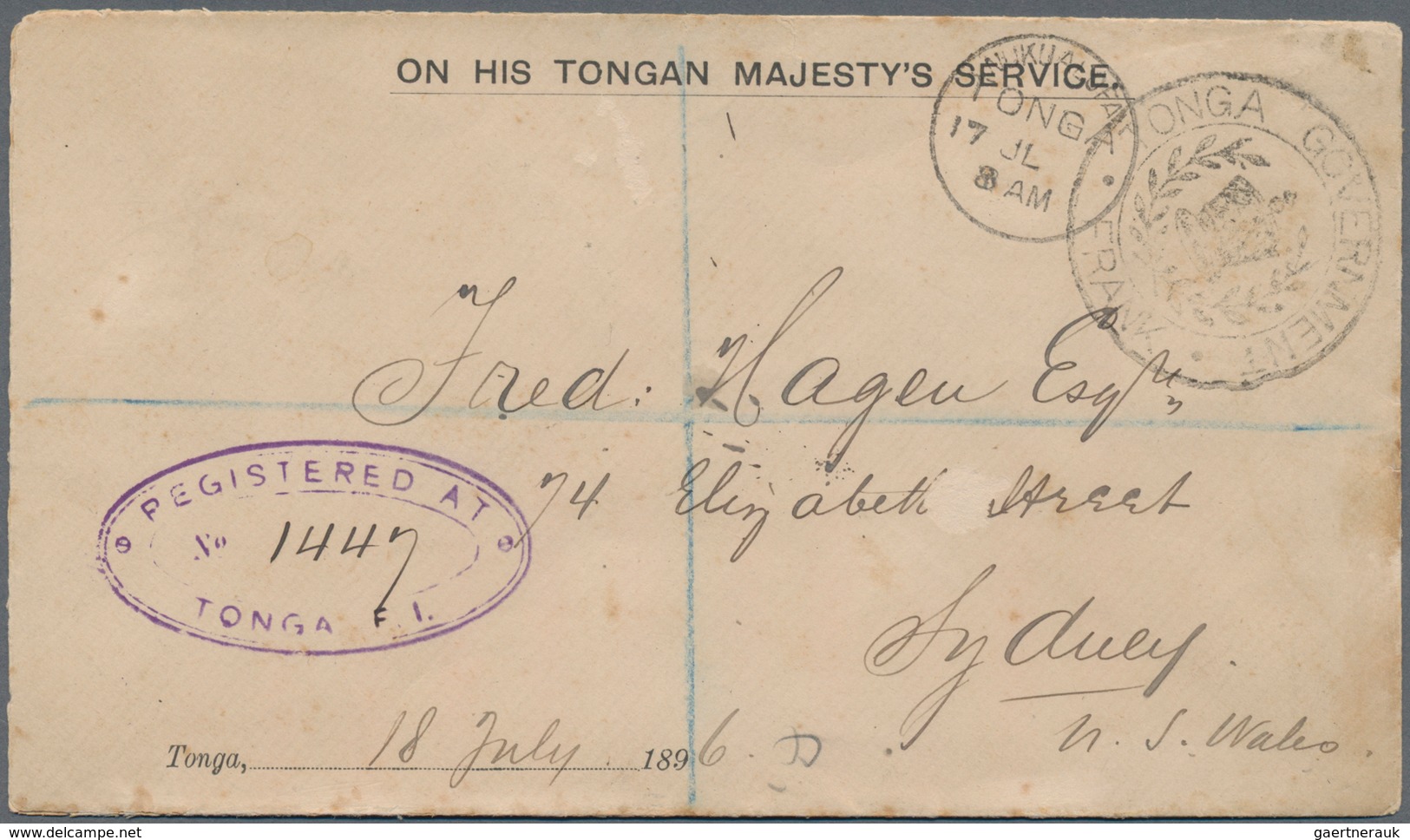 Tonga - Dienstmarken: 1896 (17.7.), Registered 'ON HIS TONGAN MAJESTY'S SERVICE' Cover Used From NUK - Tonga (1970-...)