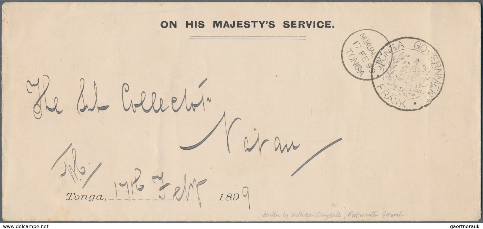 Tonga - Dienstmarken: 1899 (17.2.), Long-size 'ON HIS MAJESTY'S SERVICE' Cover Used From NUKUALOFA W - Tonga (1970-...)