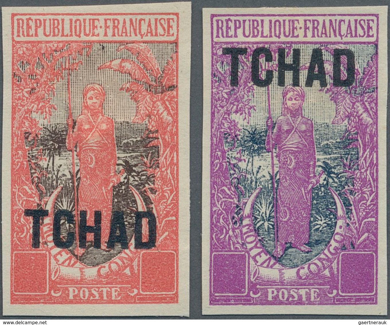 Tschad: 1922, "TCHAD" Overprints, Design "Native Woman", Two Imperforate Proofs In Colours "orange-r - Tsjaad (1960-...)