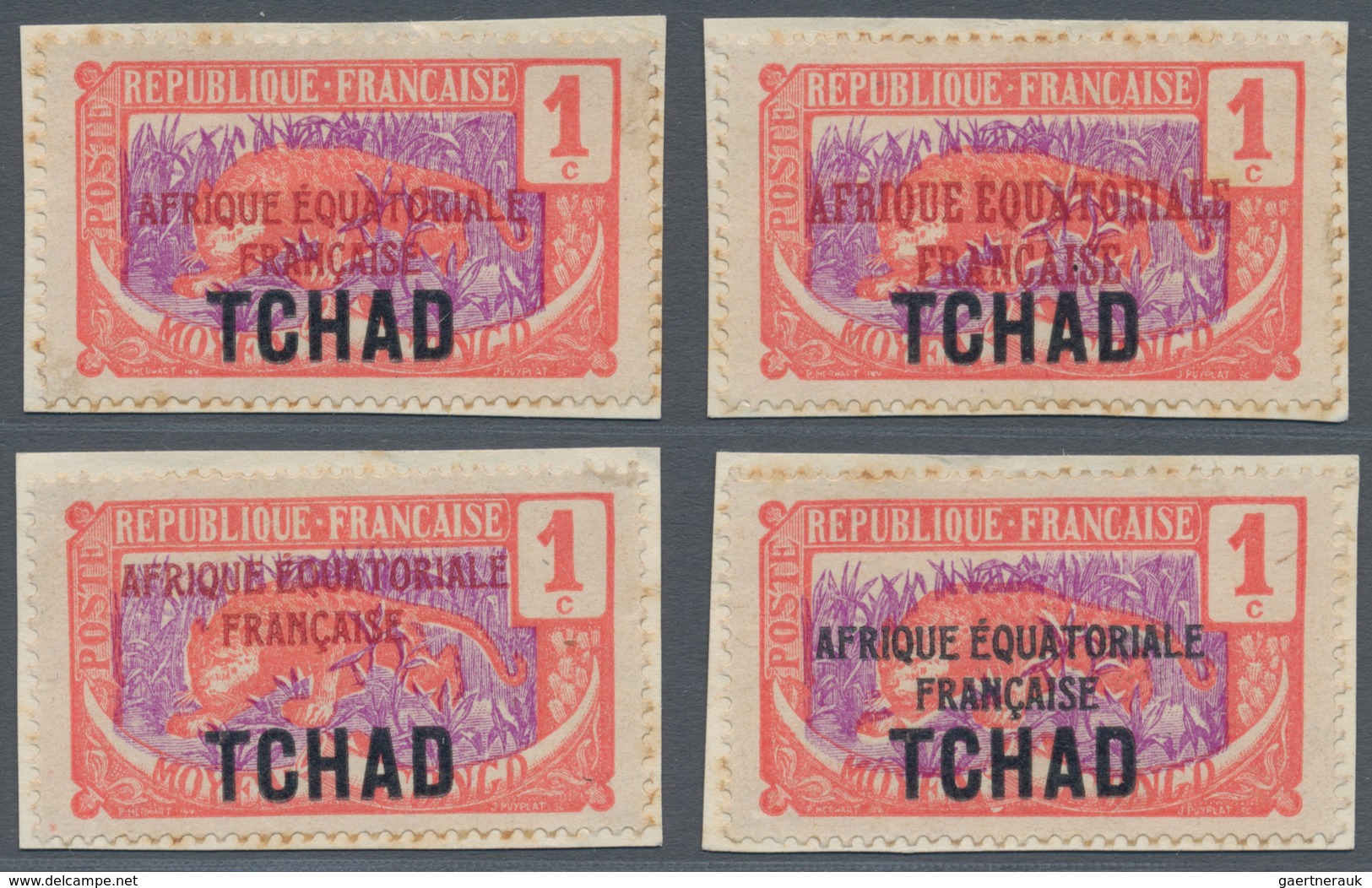 Tschad: 1924, AEF Overprints, 1c. Rose/violet "Panther", Four Different Essays Of Overprint In Red ( - Chad (1960-...)