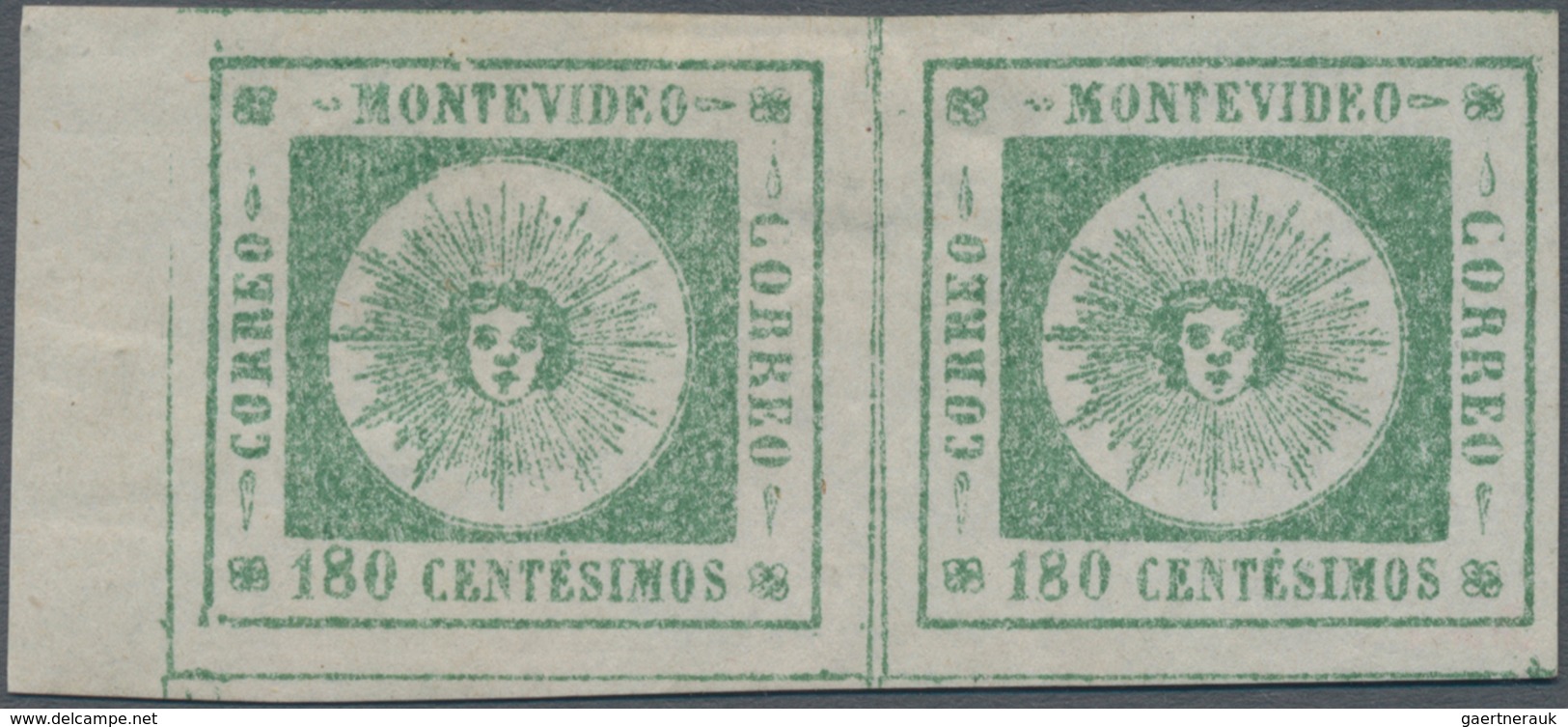 Uruguay: 1859, Sol De Mayo 180 Centesimos Green, * Pair From Left Margin, Large To Huge Margins All - Uruguay