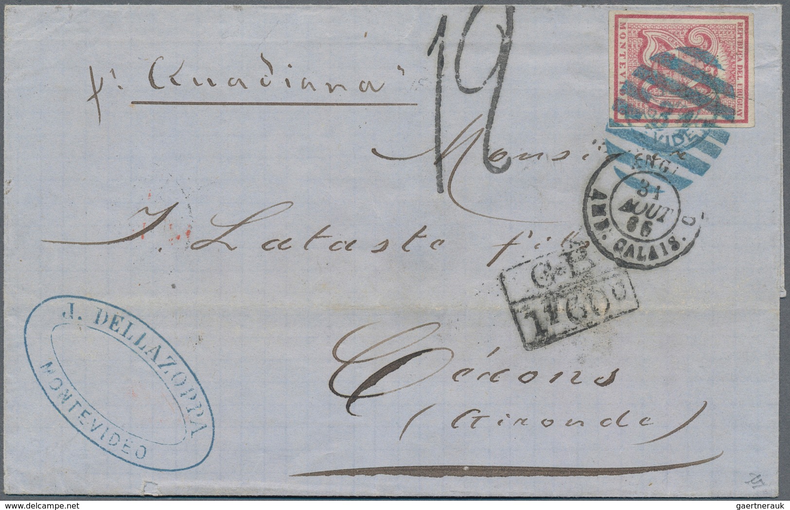 Uruguay: 1866, 20 C. Red Imperforated Tied Blue Oval Grill "31" And Blue "MONTEVIDEO 2 AGO 66" To Fo - Uruguay
