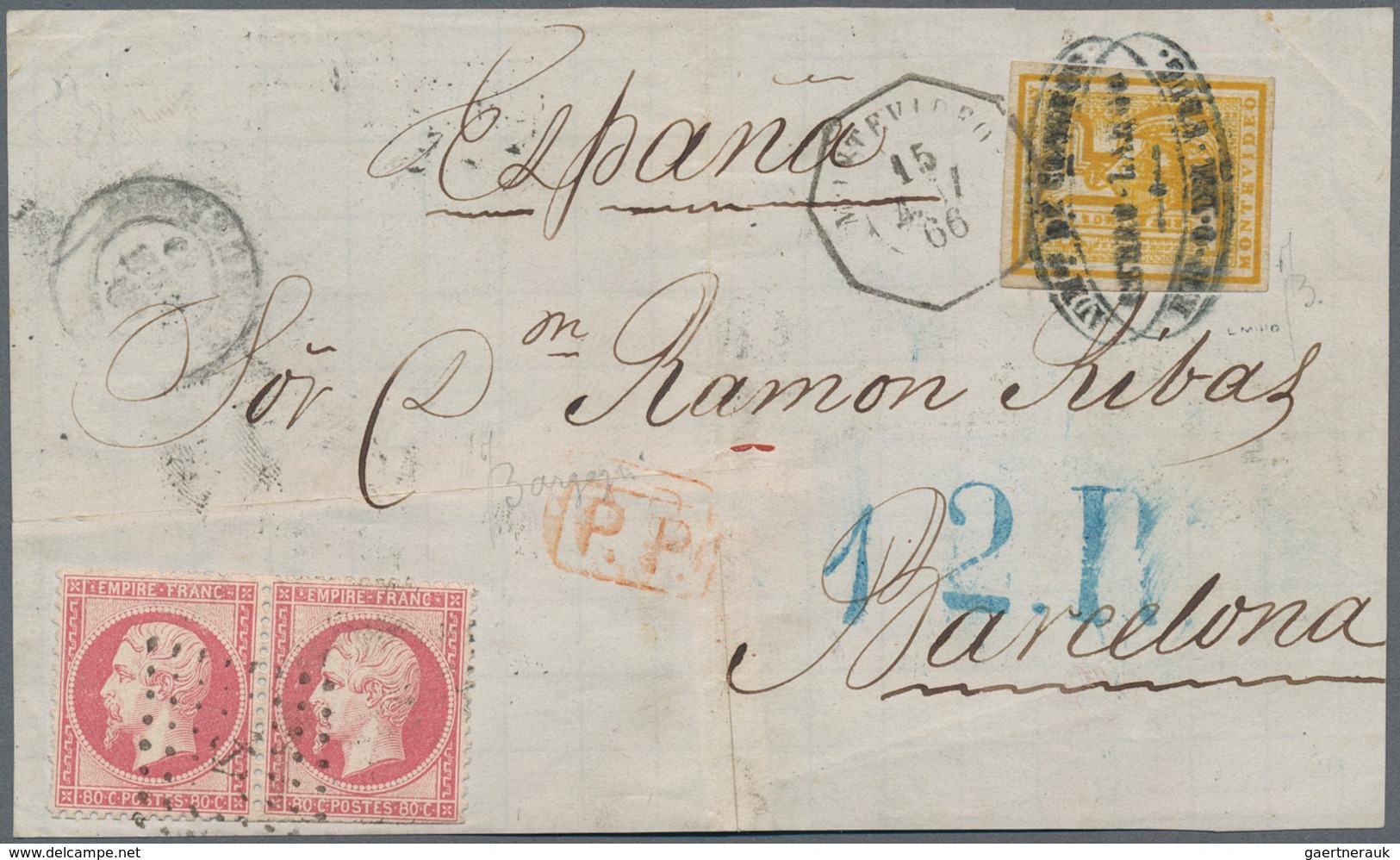 Uruguay: 1866, Front Cover To Barcelona/Spain: 15 C. Imperforated Tied Oval "ADMON. DE CORREOS / CER - Uruguay