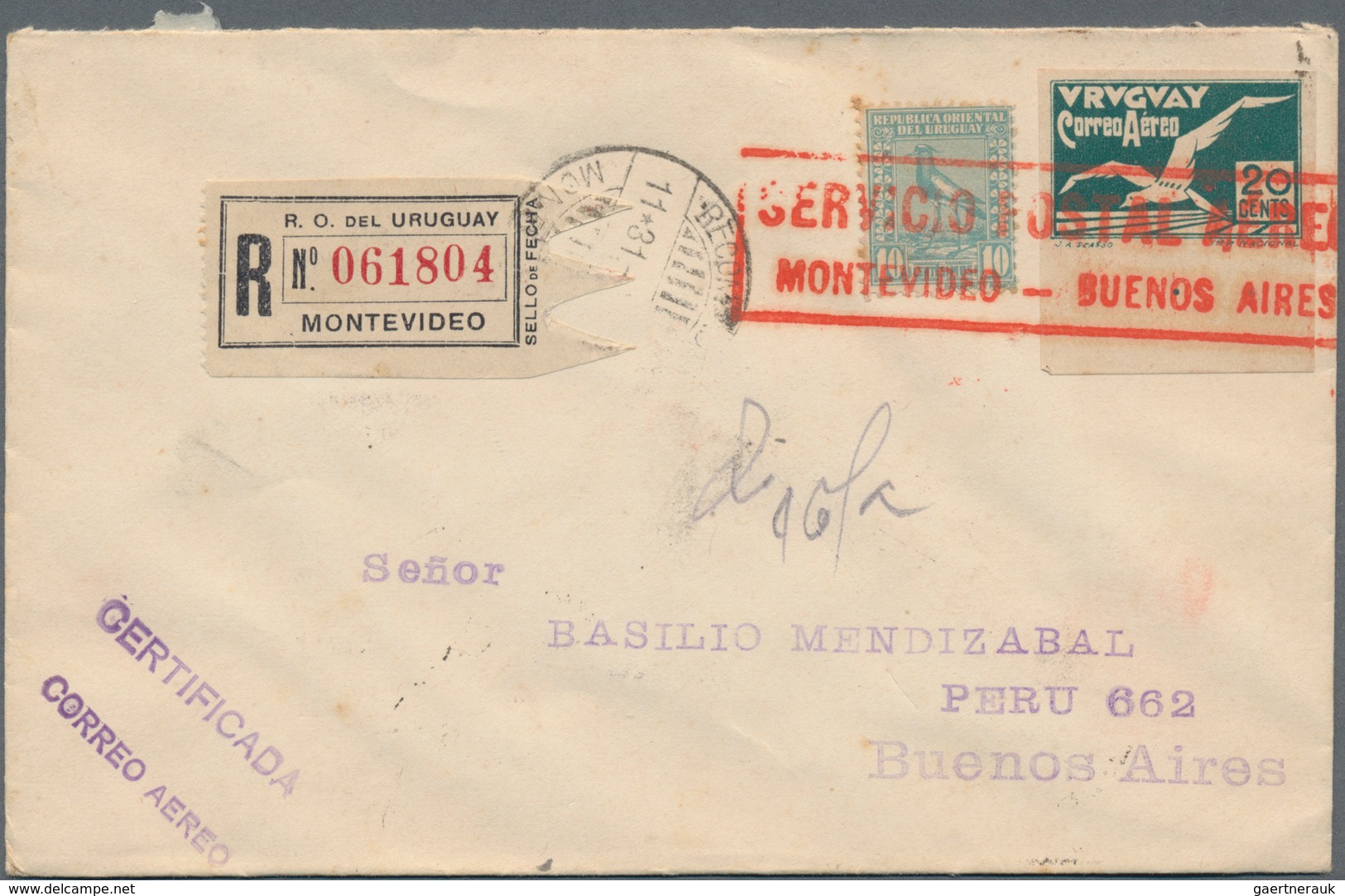 Uruguay: 1868-1931 Three Unusual Items: 1.) 1868 Banknote 20$ From Montevideo, 2) Registered Airmail - Uruguay