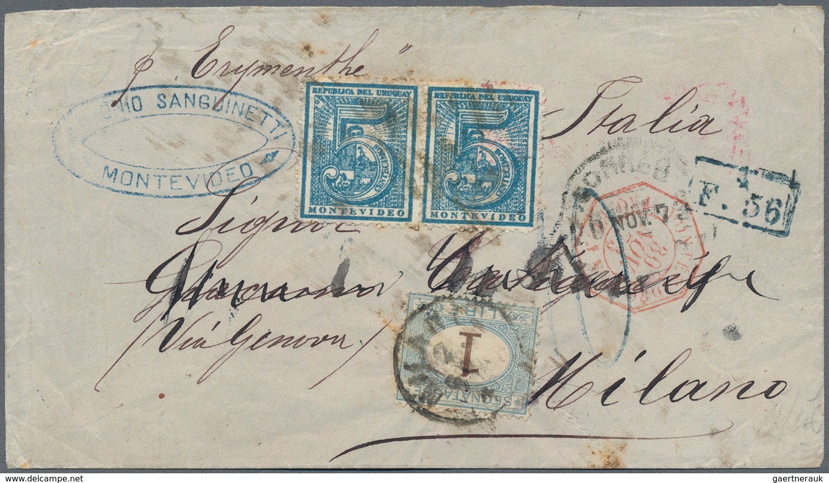 Uruguay: 1873, 5 C. Numeral Blue Perf., A Horizontal Pair Canc. Illegible On Cover Montevideo To Mil - Uruguay