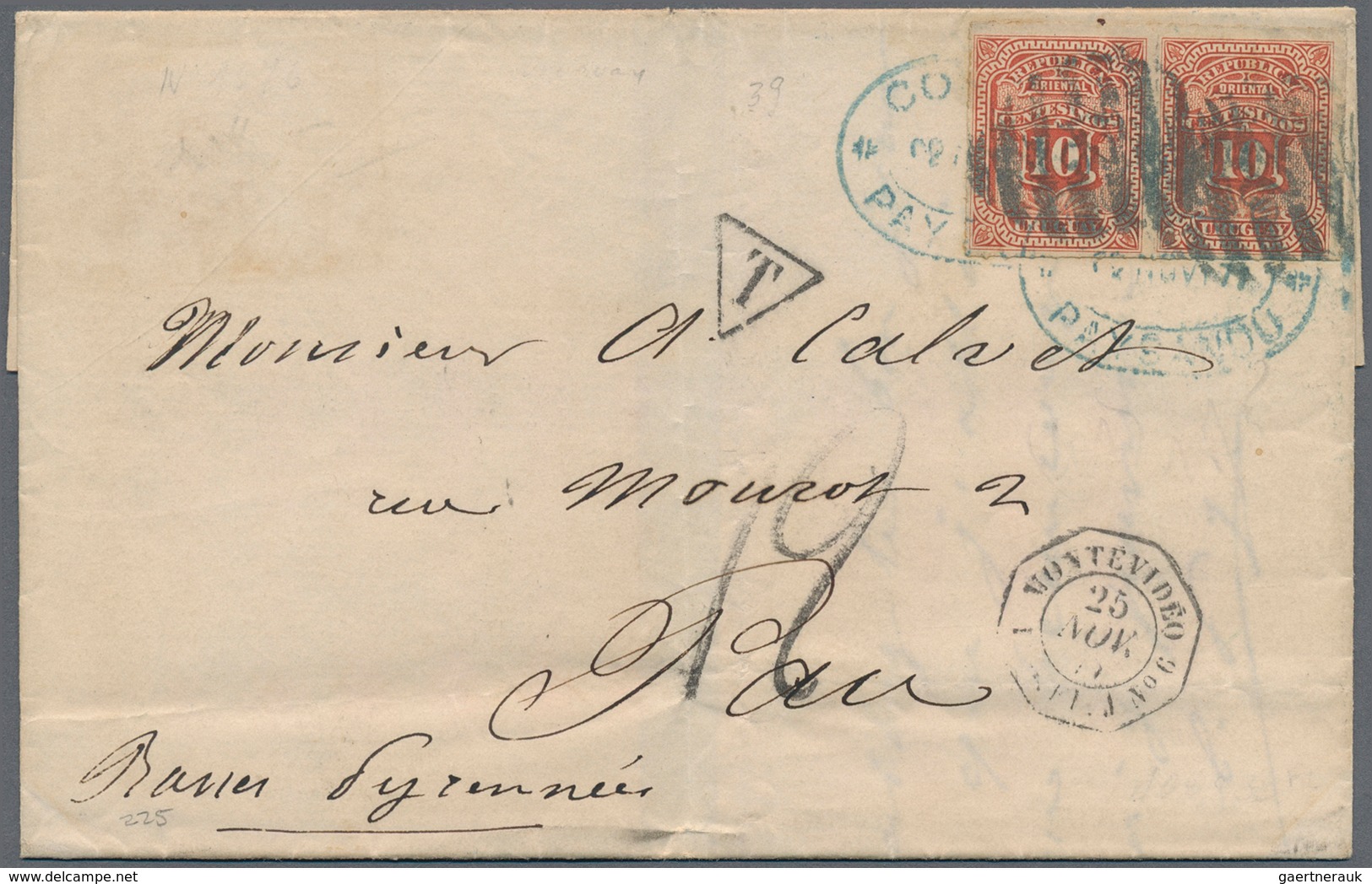 Uruguay: 1877, 10 C. Carmine Imperf. Horiz. Pair Tied Blue Oval And Oval "CORREOS PAYSANDU 22 NOV 77 - Uruguay