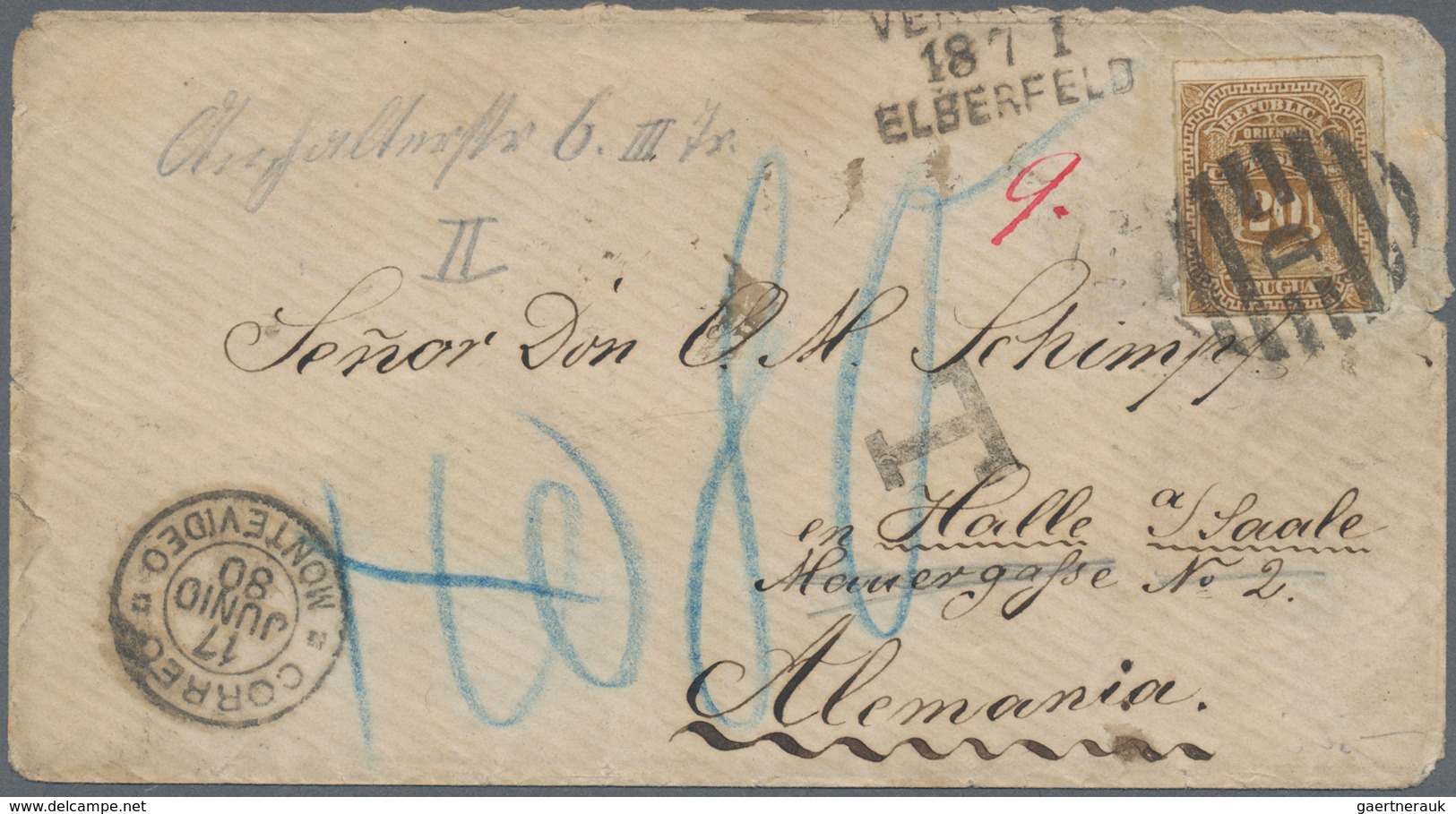 Uruguay: 1877, 20 C Yellow-brown Tied By Barr-cancel "D" On Envelope (minor Round Corners) Sent Via - Uruguay