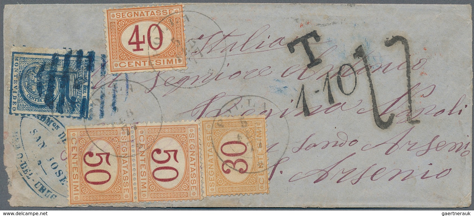 Uruguay: 1877, 5 C. Blue Tied Blue Oval From "San Jose" To Small Cover To Polla Near Naples/Italy, O - Uruguay