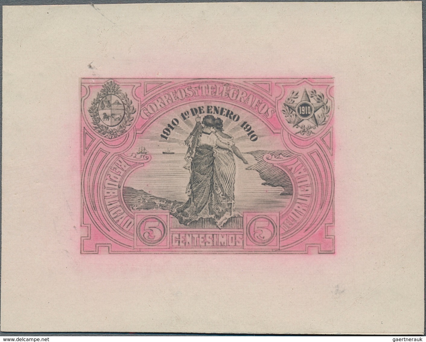 Uruguay: 1910, Unadopted "New Year" Design, Lithographed Essay 5c. Rose/black On Photographic Paper, - Uruguay