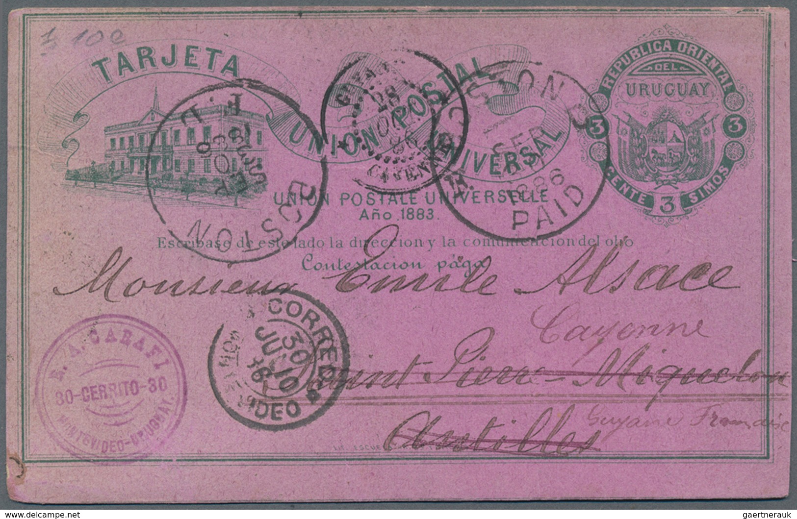 Uruguay - Ganzsachen: 1883, Stationery Card 3 C Carmine On Salmon Uprated 1 C Green Sent From "MONTE - Uruguay