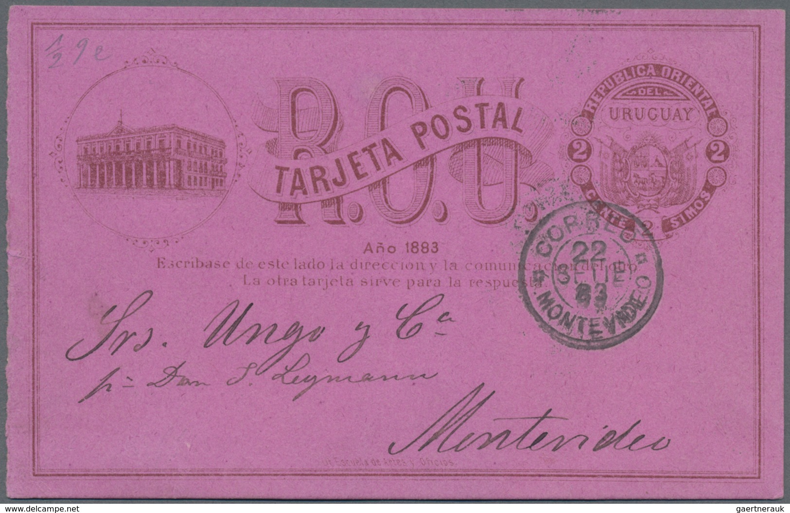 Uruguay - Ganzsachen: 1883, Stationery Question Card 2 C Carmine On Salmon With Comercial Usage In " - Uruguay