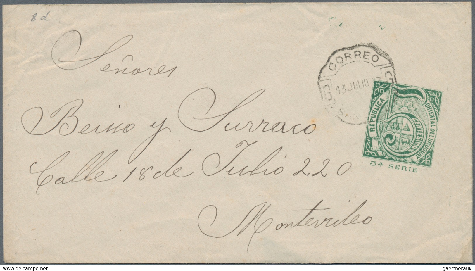 Uruguay - Ganzsachen: 1887, Stationery Envelope 5 C Green, IMPRINT SHIFTET DOWNSIDE Used From "SAN J - Uruguay