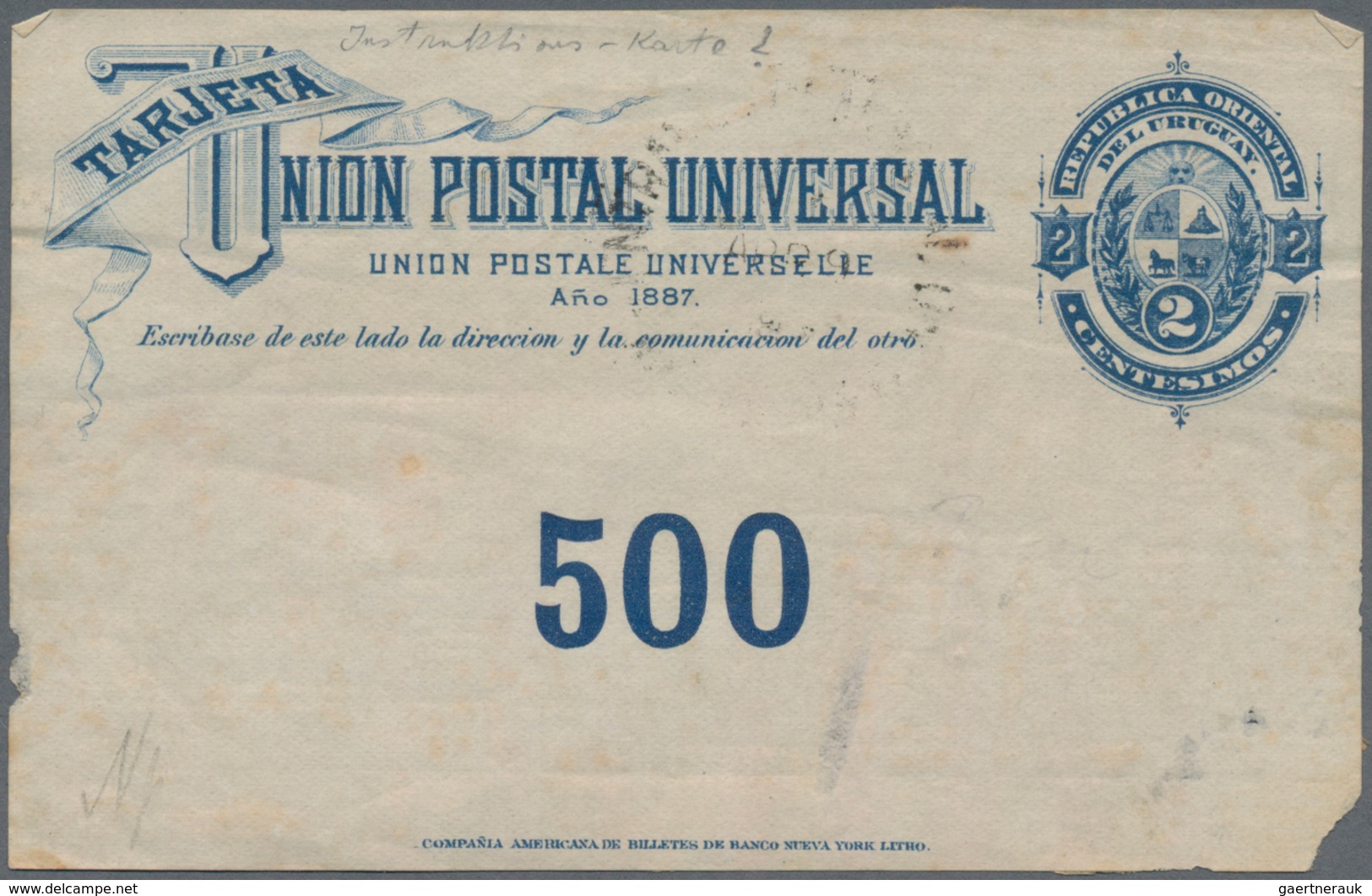 Uruguay - Ganzsachen: 1887, Instruktion Piece For "500" Stationery Cards 2 C Deep-blue Mint On Thinn - Uruguay