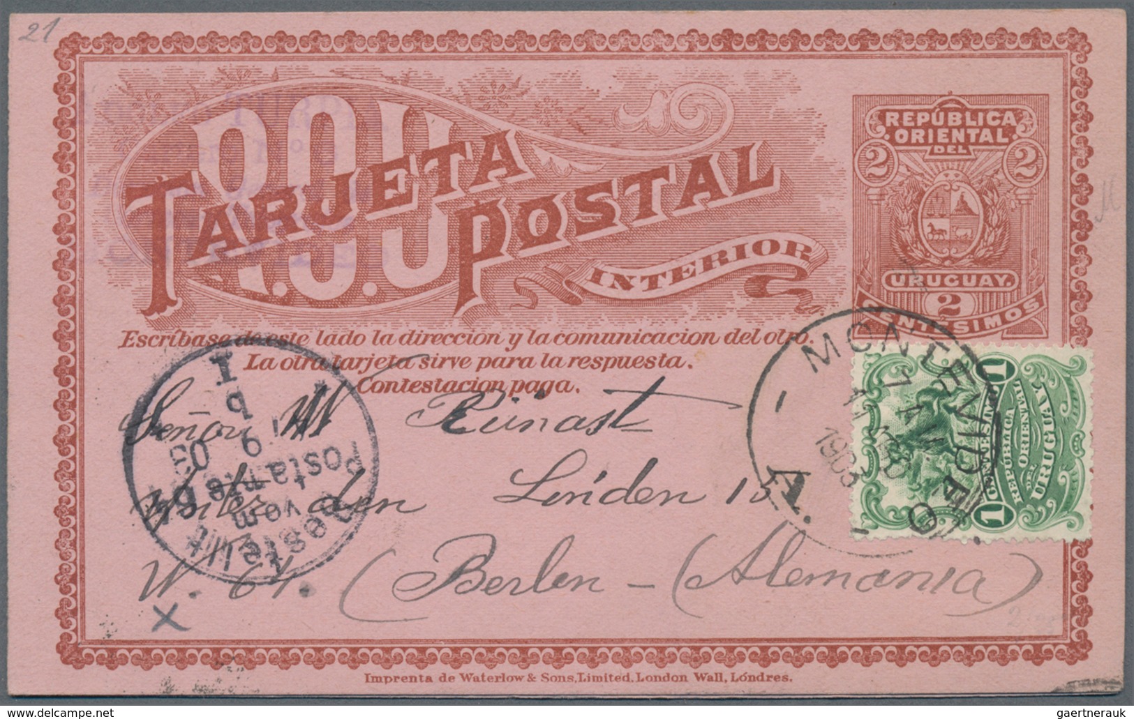 Uruguay - Ganzsachen: 1899, Stationery Double Card 2 C Carmine On Rose, Both Uprated 1 C Green And S - Uruguay