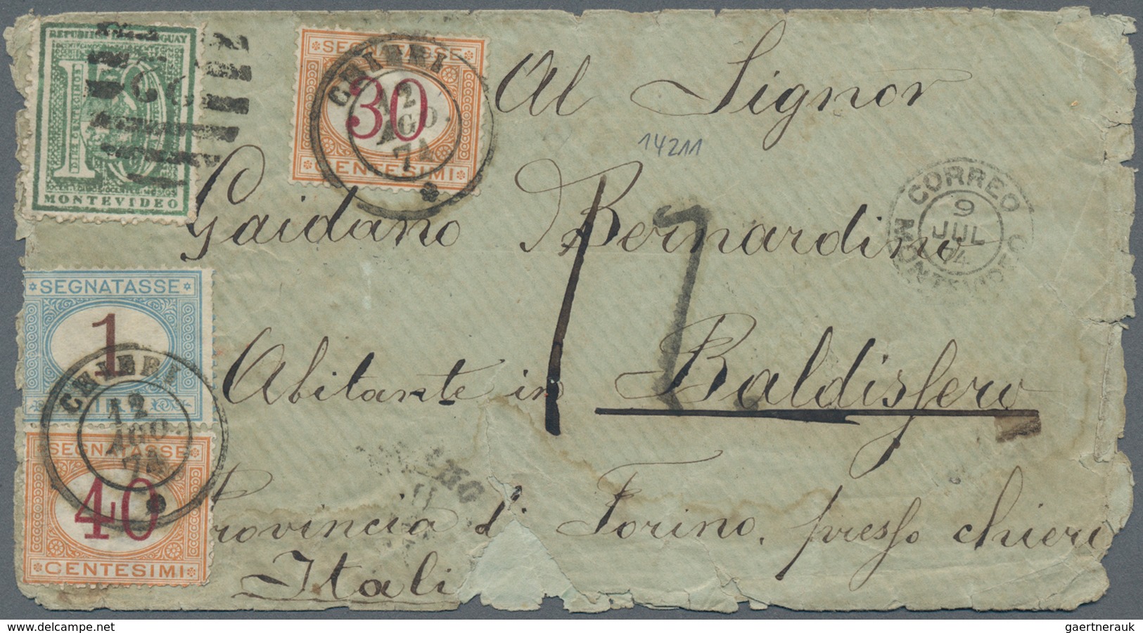 Uruguay - Besonderheiten: 1874, 10 C Blue On Letter (before UPU) From Montevideo To Italy, There Fra - Uruguay