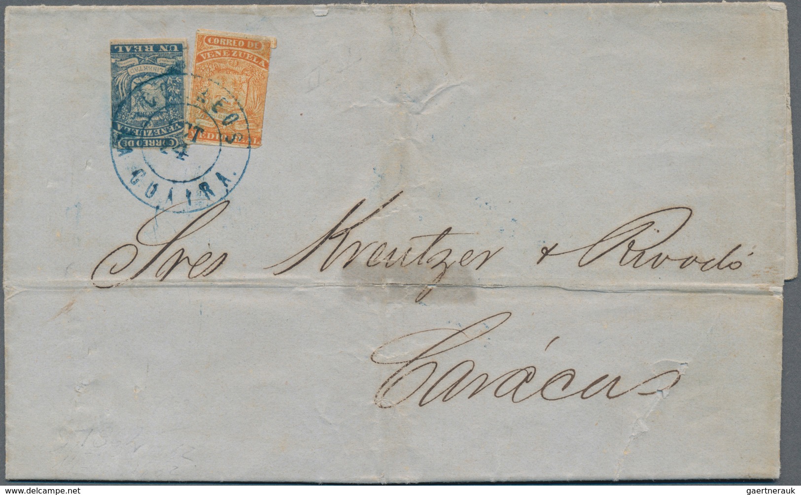 Venezuela: 1859, 1/2 R Orange, Three Full Margins, Right Side Touched, And 1 R Blue, Close To Full M - Venezuela