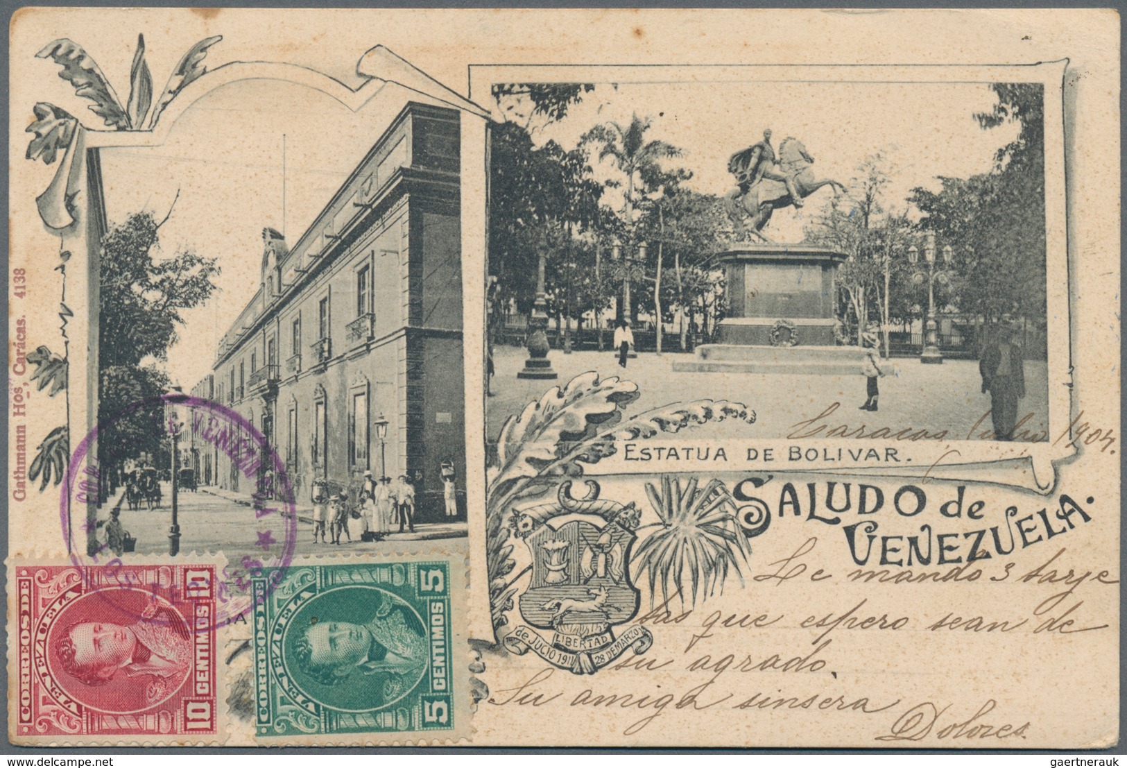 Venezuela: 1897/1901, Two Litho Ppc Showing Scenes Of Bolivar, One W. 10 C. Blue Used 1897 To Trinid - Venezuela