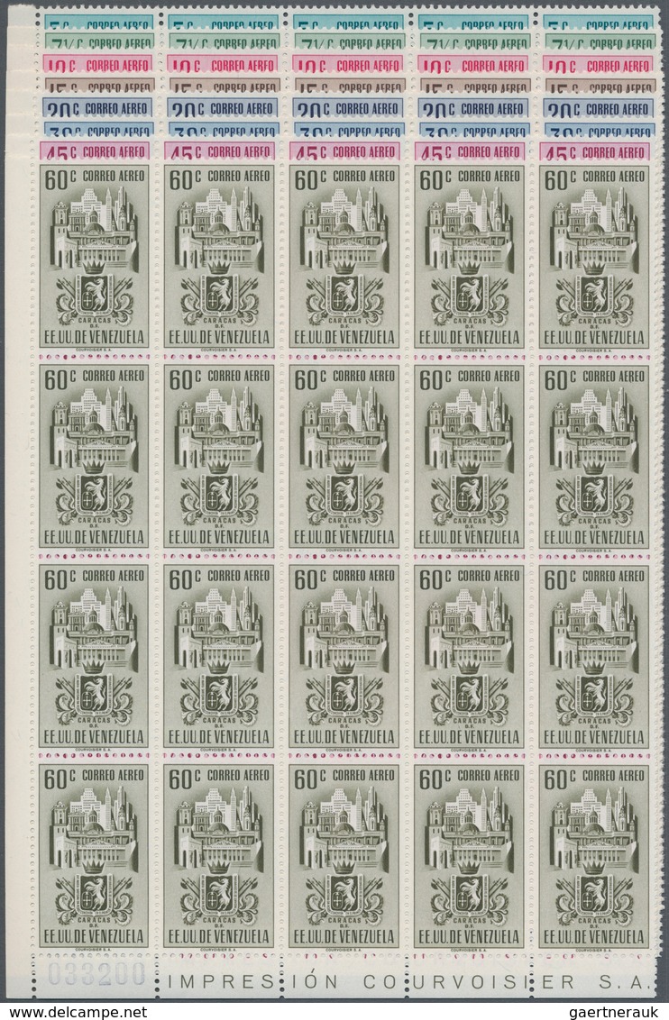 Venezuela: 1951, Coat Of Arms 'CARACAS‘ Airmail Stamps Complete Set Of Nine In Blocks Of 20 From Low - Venezuela