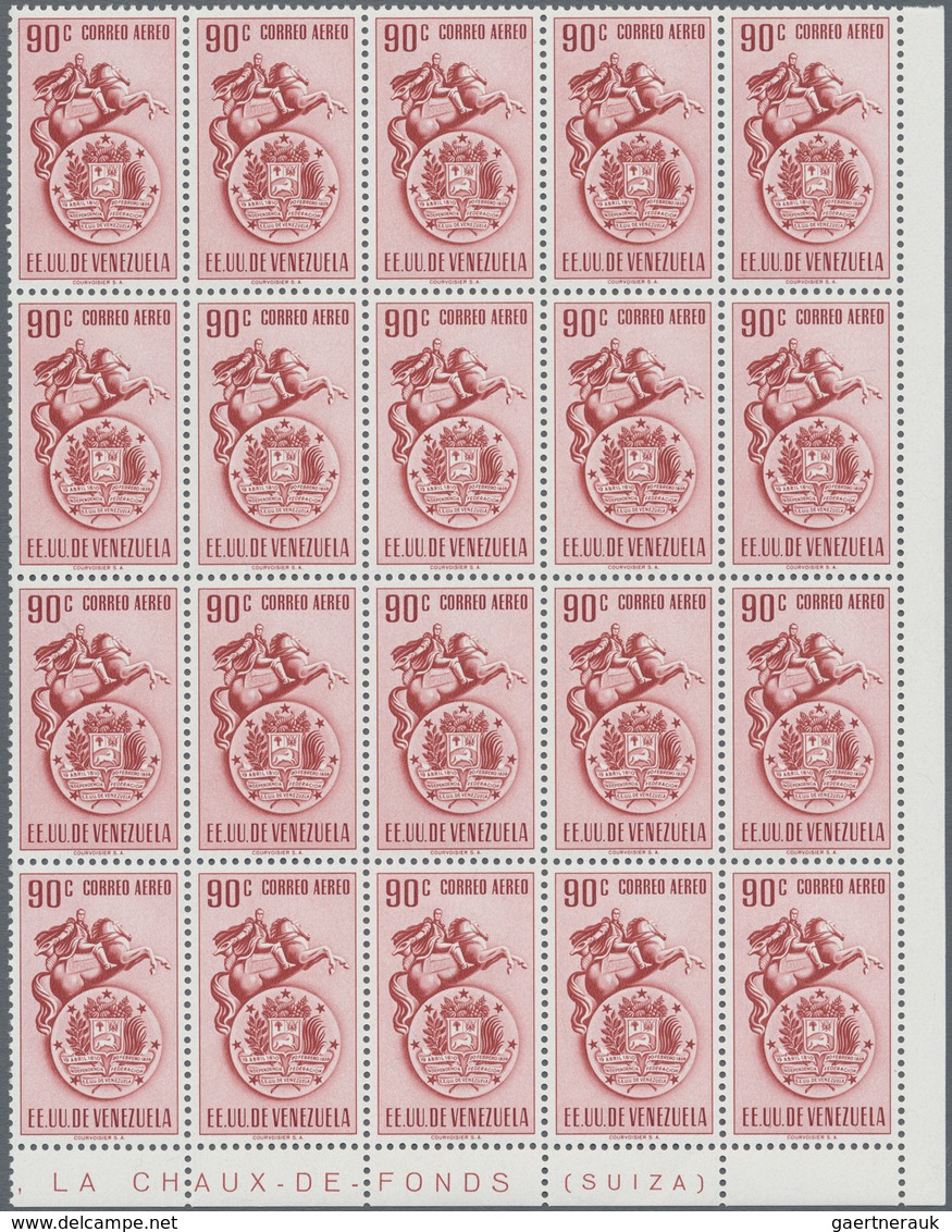 Venezuela: 1951, Coat Of Arms 'VENEZUELA ‘ Airmail Stamps Complete Set Of Nine In Blocks Of 20 From - Venezuela