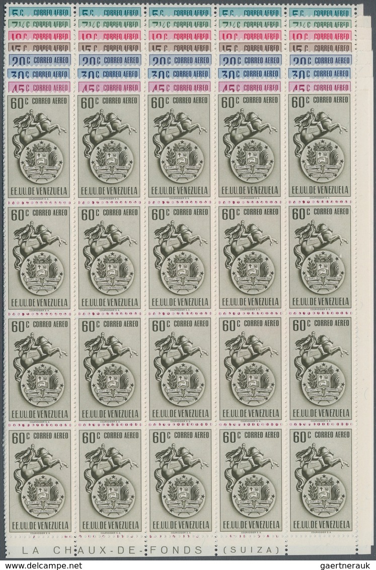 Venezuela: 1951, Coat Of Arms 'VENEZUELA ‘ Airmail Stamps Complete Set Of Nine In Blocks Of 20 From - Venezuela