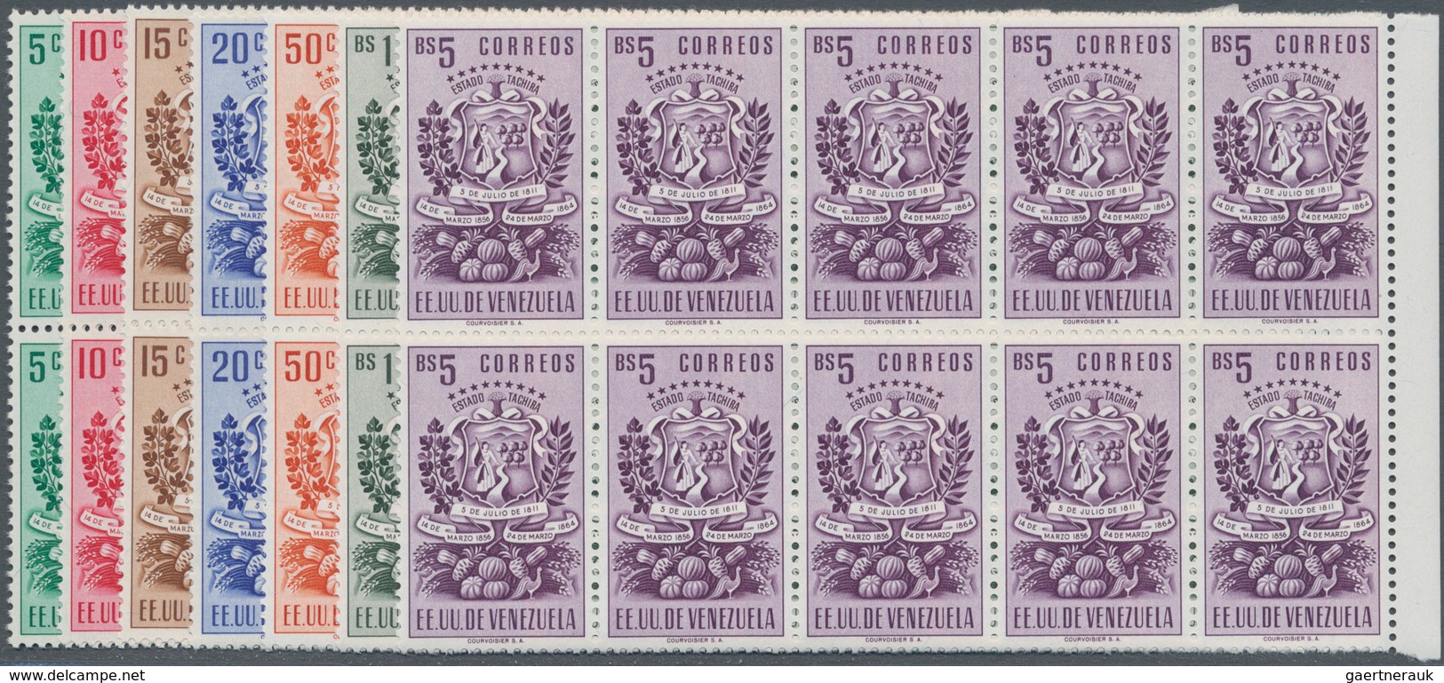 Venezuela: 1951, Coat Of Arms ‚TACHIRA‘ Normal Stamps Complete Set Of Seven In Blocks Of Ten From Ri - Venezuela