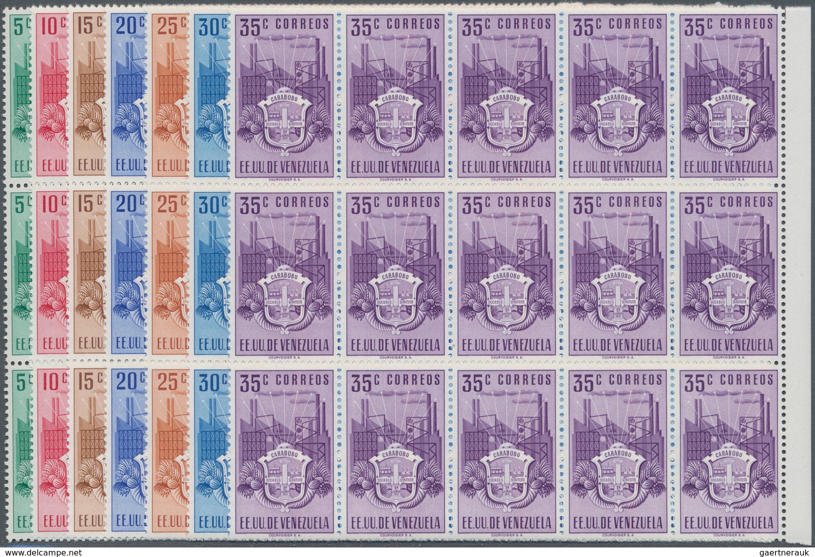 Venezuela: 1951, Coat Of Arms 'CARABOBO‘ Normal Stamps Complete Set Of Seven In Blocks Of 15 From Ri - Venezuela