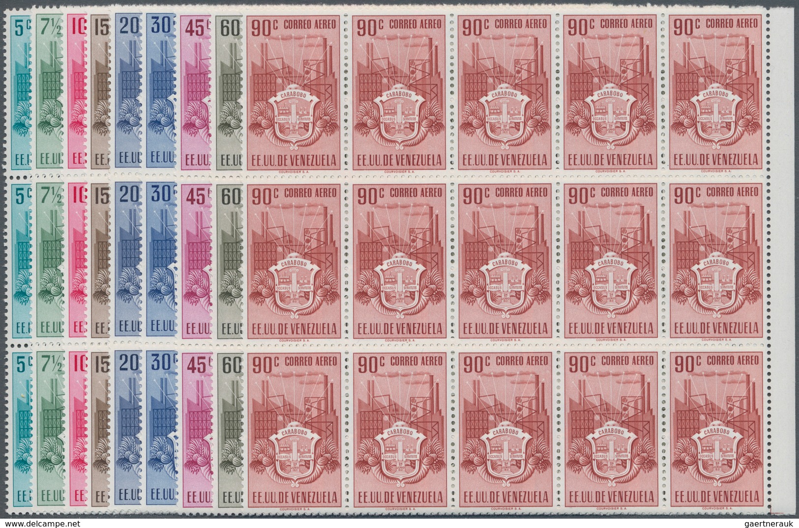 Venezuela: 1951, Coat Of Arms 'CARABOBO‘ Airmail Stamps Complete Set Of Nine In Blocks Of 15 From Ri - Venezuela