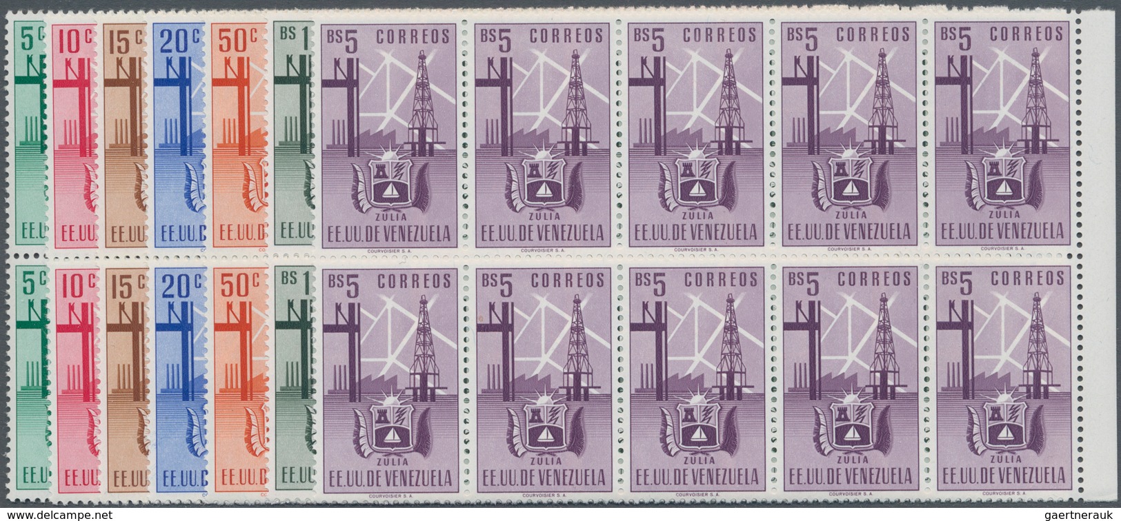 Venezuela: 1951, Coat Of Arms 'ZULIA‘ Normal Stamps Complete Set Of Seven In Blocks Of Ten From Righ - Venezuela