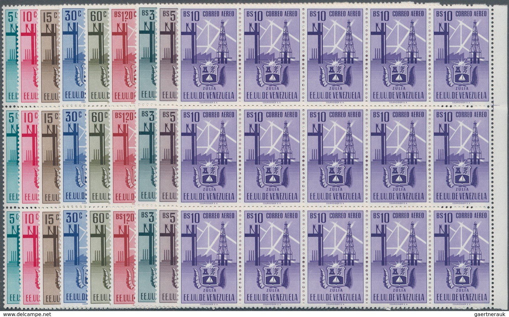 Venezuela: 1951, Coat Of Arms 'ZULIA‘ Airmail Stamps Complete Set Of Nine In Blocks Of 15 From Right - Venezuela