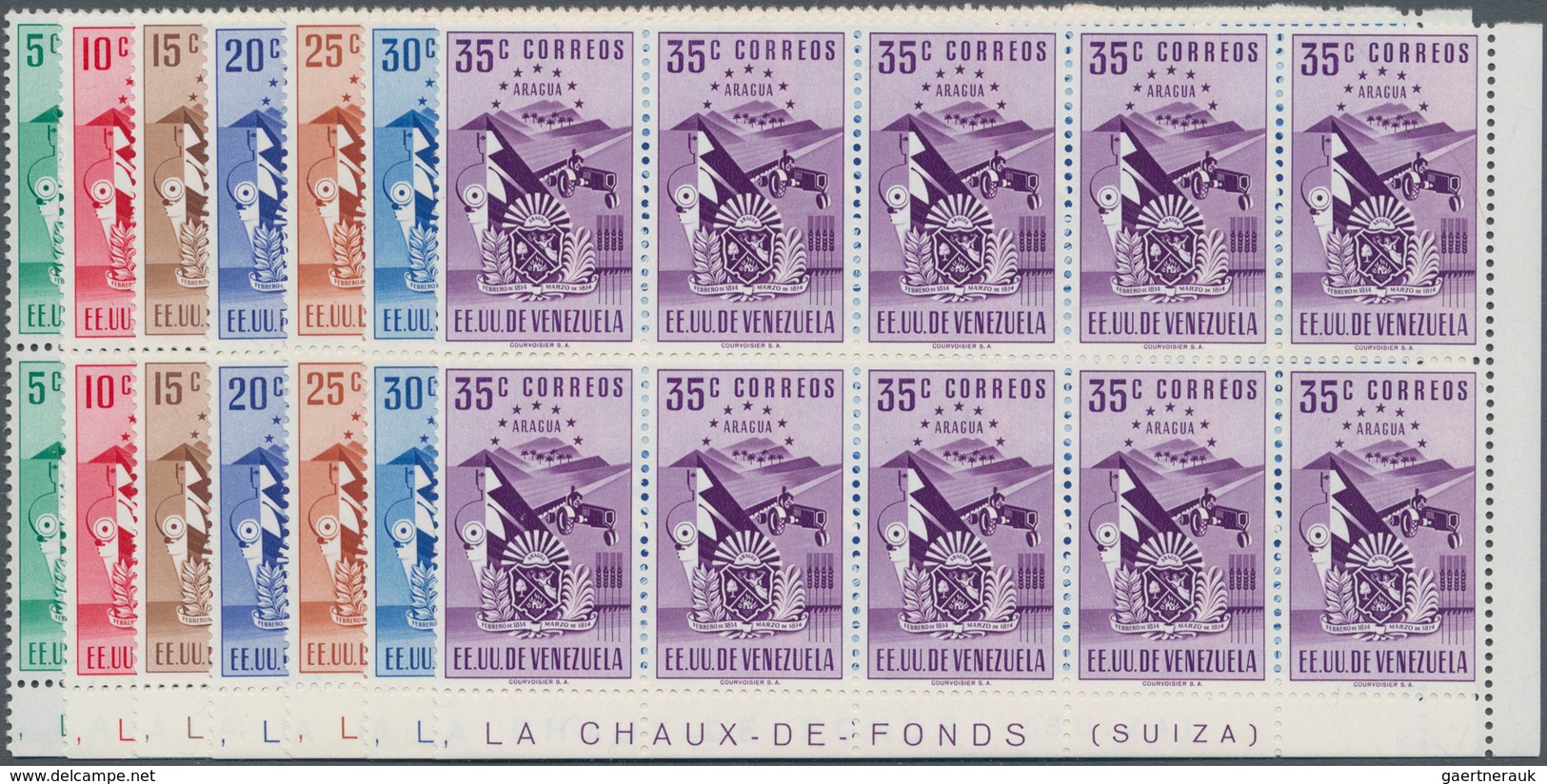 Venezuela: 1951, Coat Of Arms ‚ARAGUA‘ Normal Stamps Complete Set Of Seven In Blocks Of Ten From Low - Venezuela