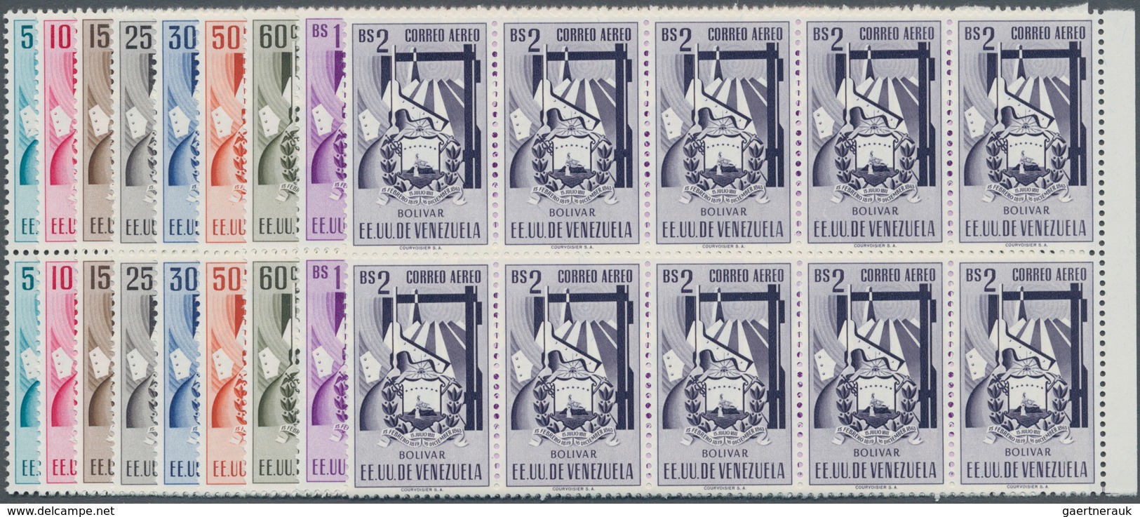 Venezuela: 1952, Coat Of Arms 'BOLIVAR‘ Airmail Stamps Complete Set Of Nine In Blocks Of Ten From Ri - Venezuela